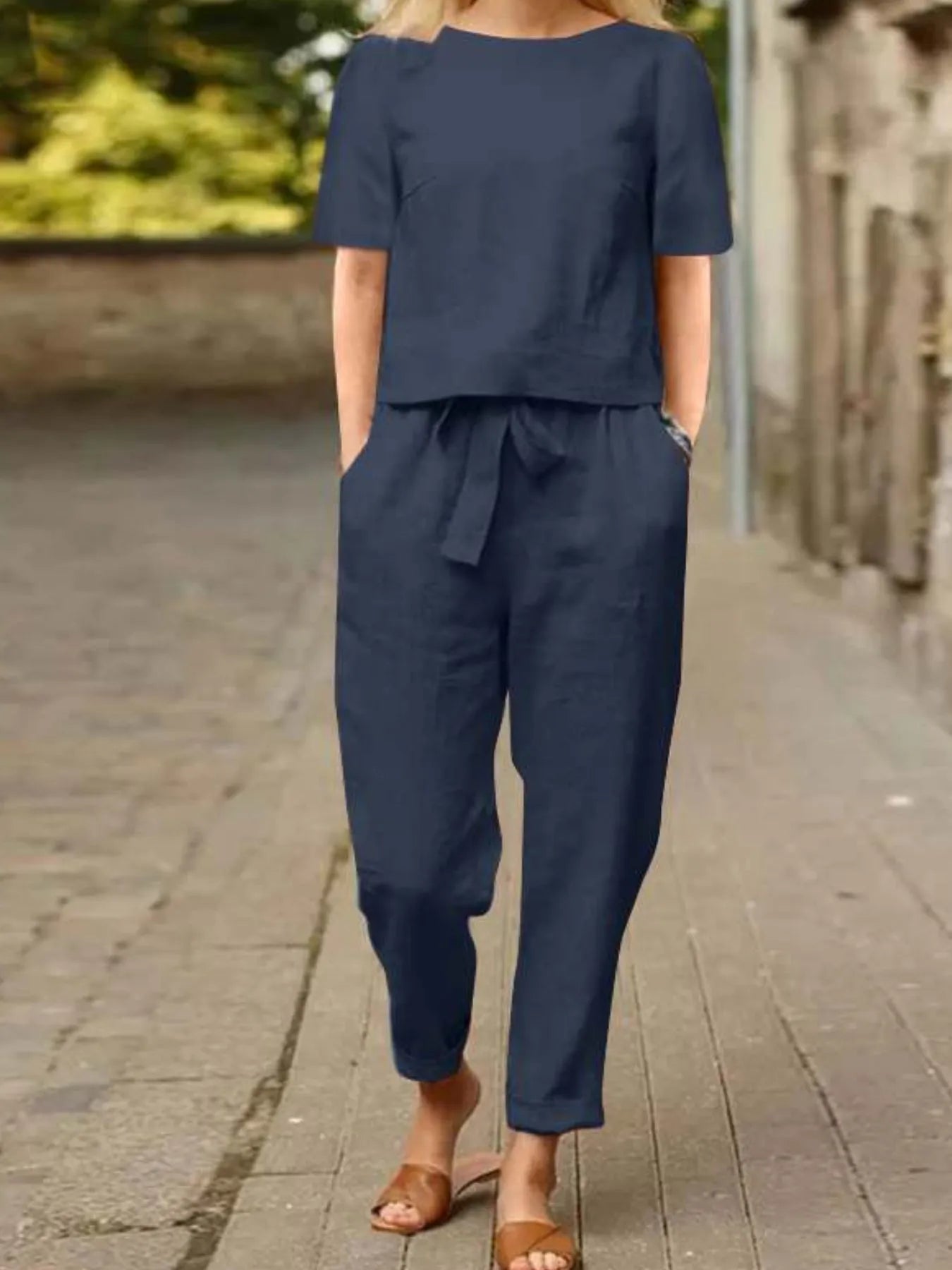 Full Size Round Neck Short Sleeve Top and Pants Set Plus Size