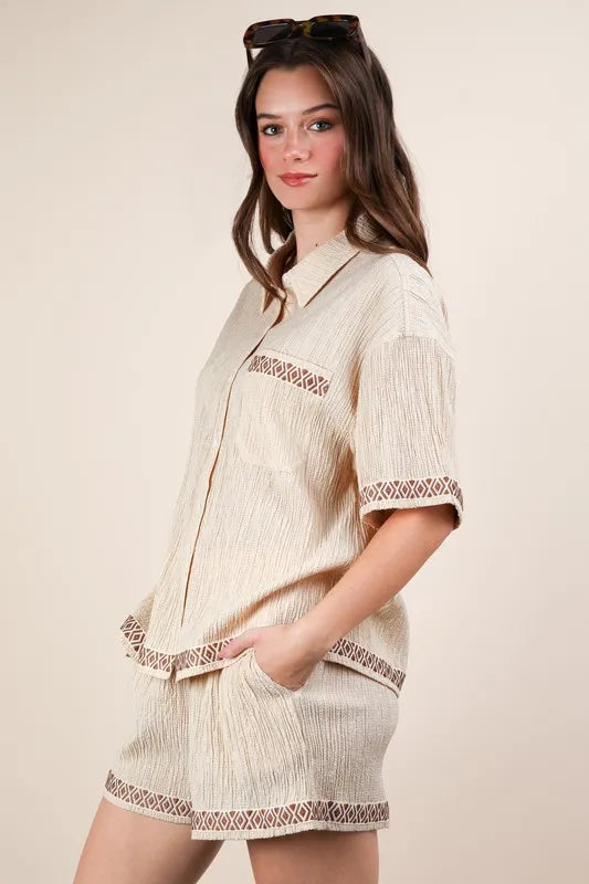VERY J Crinkled Woven Shirt Top & Shorts Set