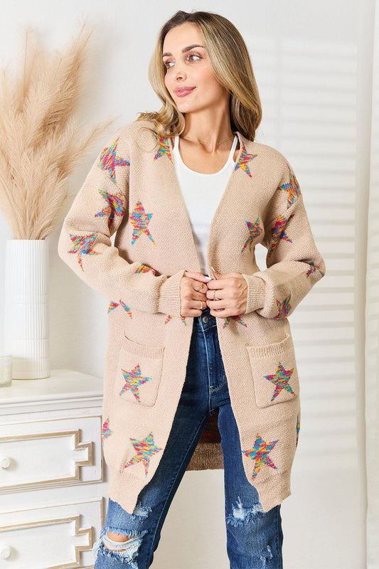 Star Pattern Open Front Longline Cardigan Mocha