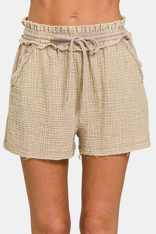 Zenana Washed Frayed Hem Drawstring Shorts Ash Mocha