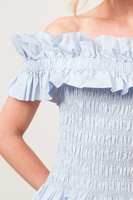 And The Why Ruffled All-Over Smocked Off Shoulder Top