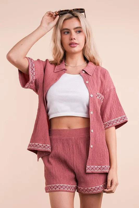 VERY J Crinkled Woven Shirt Top & Shorts Set Red Bean