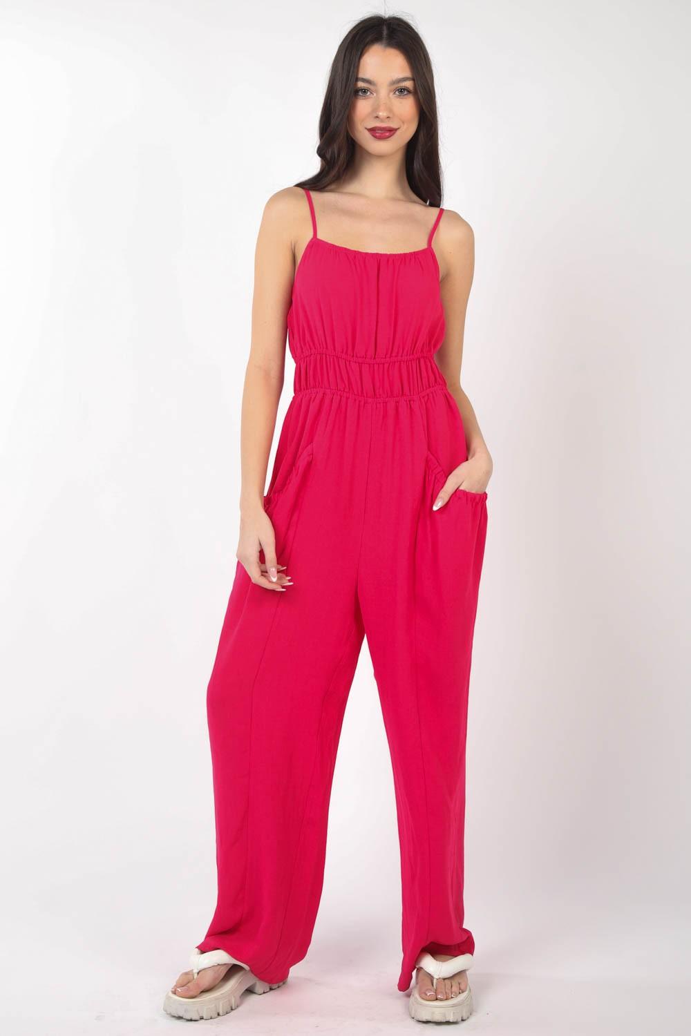 VERY J Pintuck Detail Woven Sleeveless Jumpsuit Hot Pink