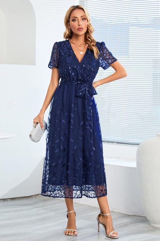 Sequin Leaf Embroidery Tie Front Short Sleeve Dress Cobald Blue