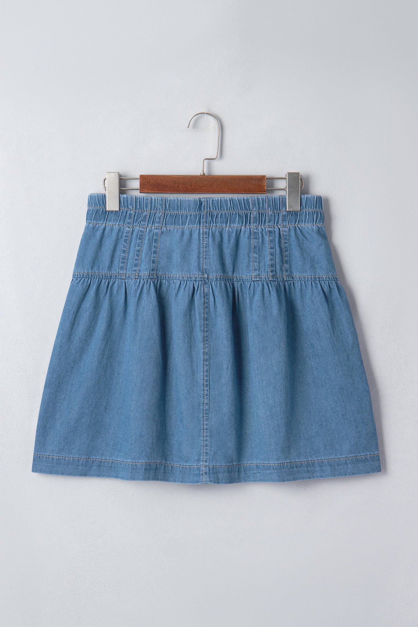 Denim Half Button Pleated Drawstring Mini Skirt
