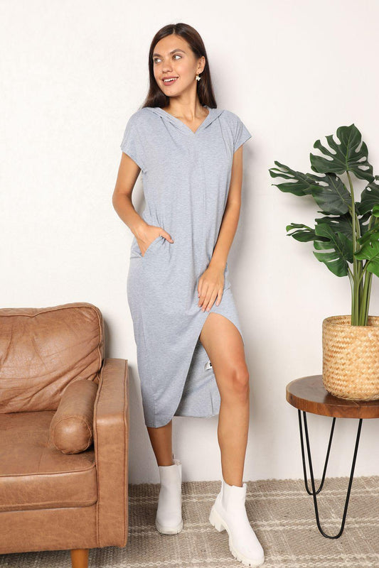 Double Take Short Sleeve Front Slit Hooded Dress Light Gray