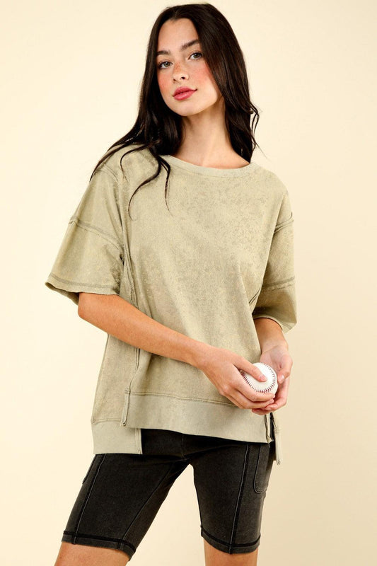 VERY J Round Neck Exposed Seam Slit T-Shirt Sage