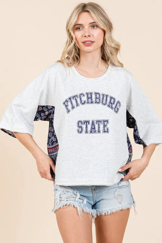 Lime 'N' Chili Fitchburg State Graphic Contrast Half Sleeve Top