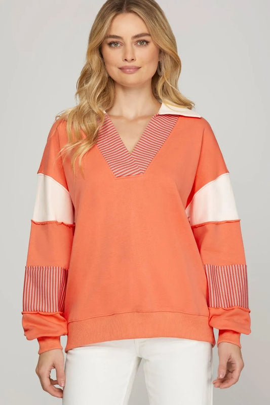 She + Sky Full Size Color Block Sleeve Johnny Collar French Terry Sweatshirt Plus Size Orange