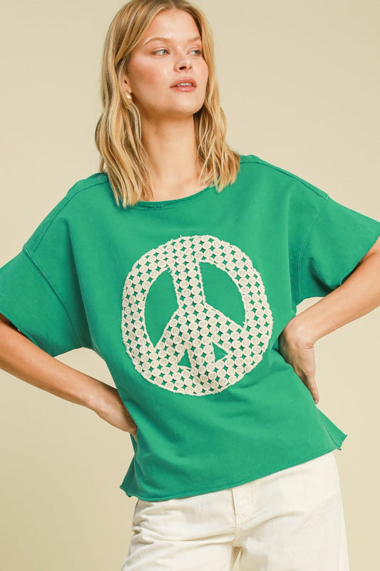 Umgee Full Size Mineral Wash T-Shirt with Lace Applique Plus Size Green