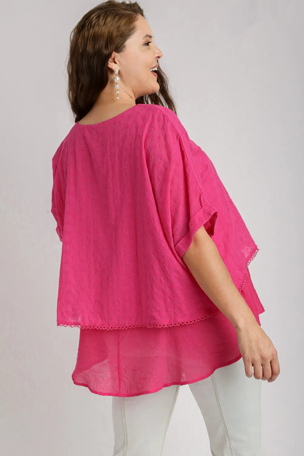 Umgee Full Size Eyelet Layered Short Sleeve Blouse Plus Size