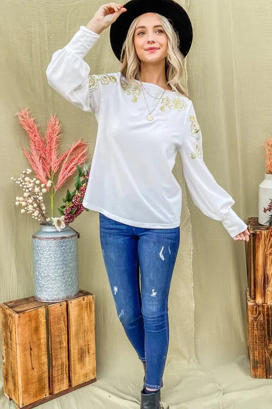 And The Why Flower Gold Embroidery Shoulder Detailed Top