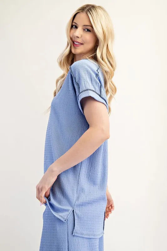 Celeste Full Size Relaxed-Fit Textured Top with Short Sleeves Plus Size