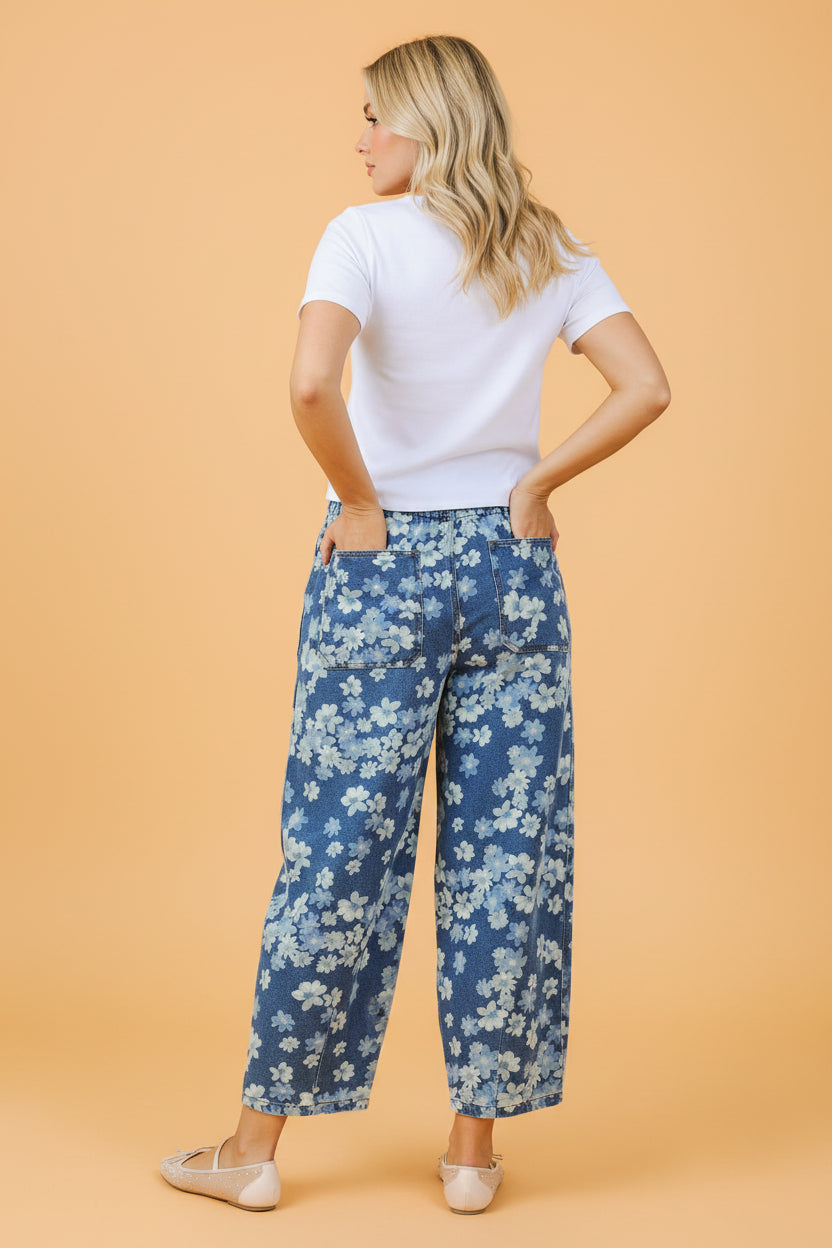 Floral Denim Drawstring Barrel Leg Jeans