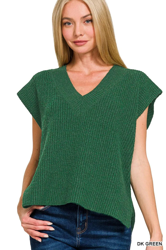 Zenana Oversized Sweater Vest with Side Slit DK GREEN