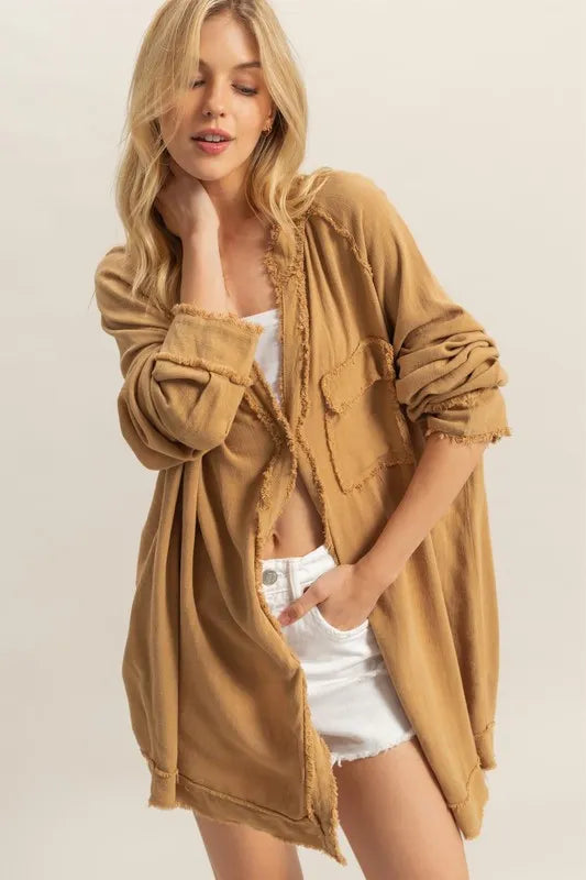 HYFVE Raw Edge Button Down Raglan Sleeve Shirt Mustard
