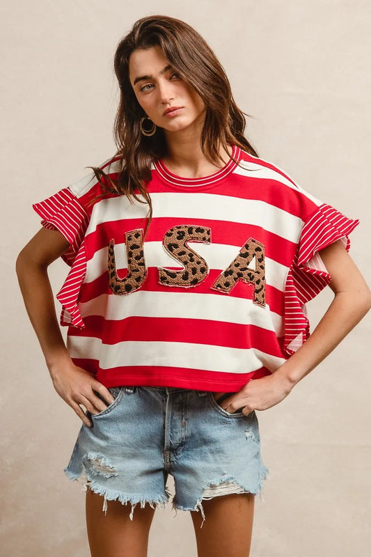 BiBi Stripe Mixed Ruffle Sleeve Top With Leopard Letter RED
