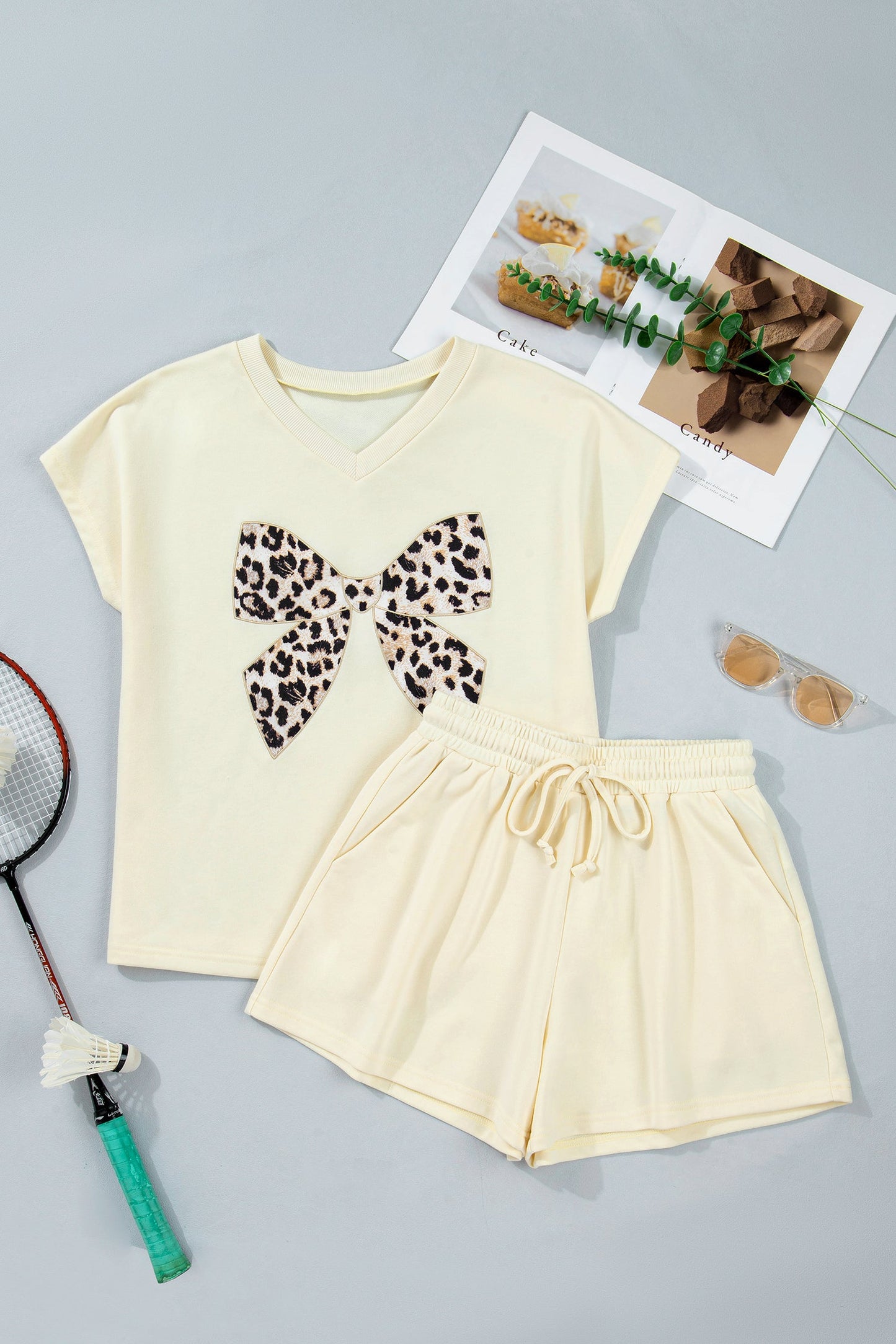 Leopard Bow Patch Tee & Drawstring Shorts Set