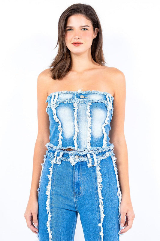 American Bazi Frayed Edge Denim Corset Top LT Blue