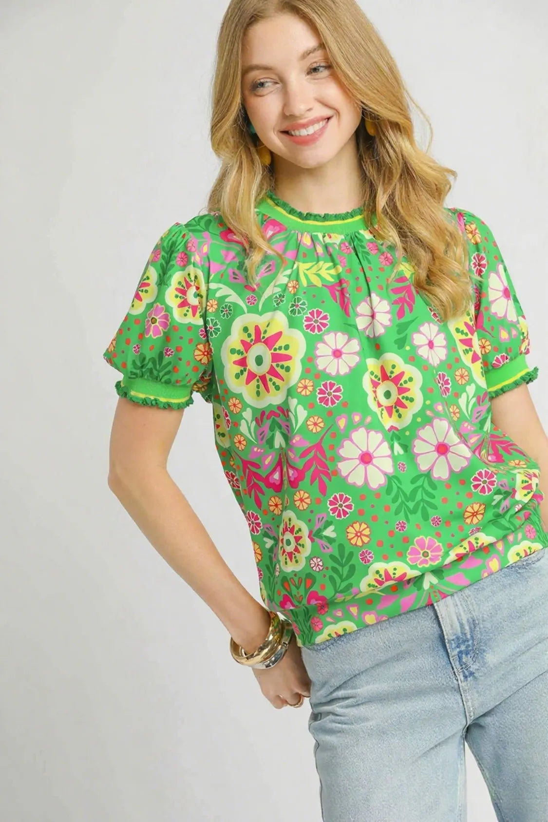Umgee Retro Floral Puff Sleeve Top GREEN MIX