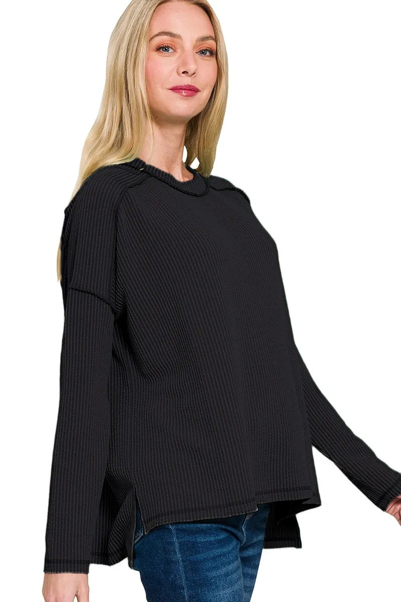 Zenana Full Size Exposed Seam Long Sleeve Corded Rib Knit Top Plus Size BLACK