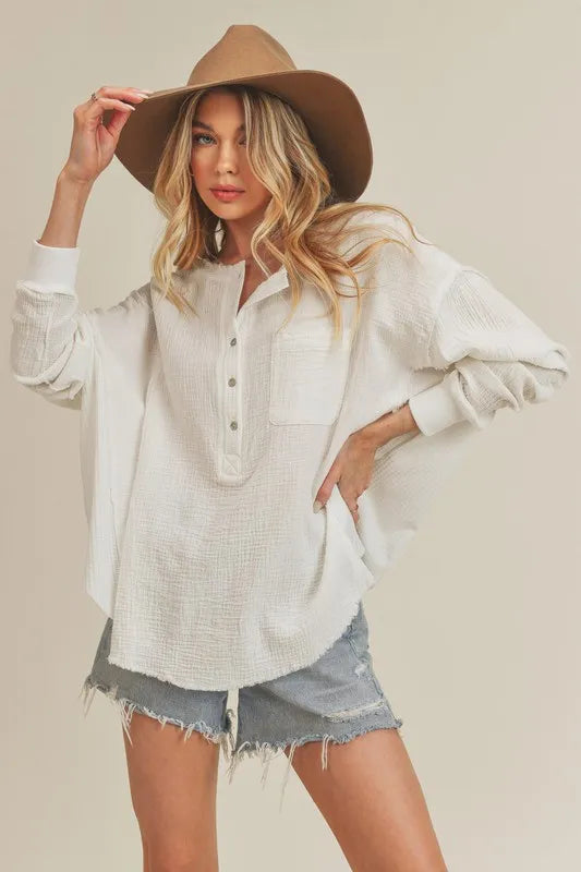 Aemi + Co Exposed Seam Raw Hem Half Button Top White