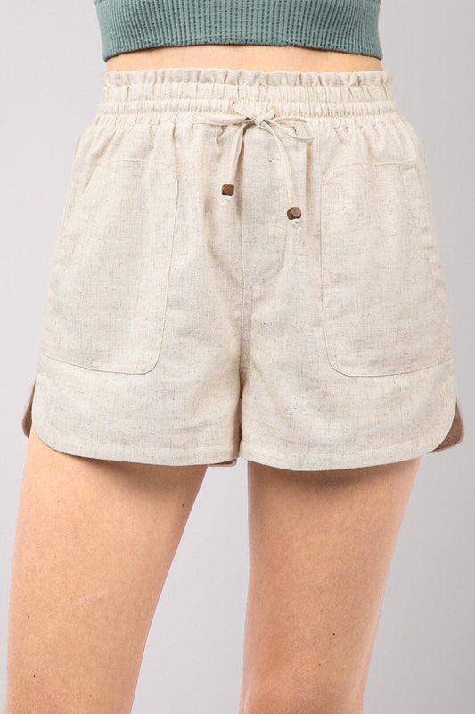 VERY J Drawstring Elastic Waist Linen Shorts Oatmeal