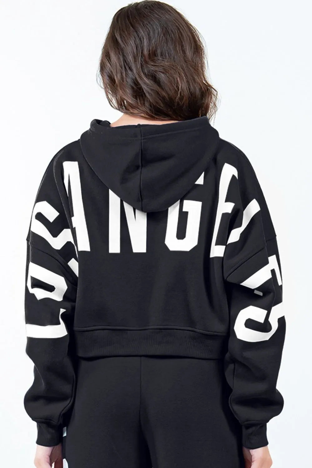 American Bazi Letter Graphic Long Sleeve Drawstring Cropped Hoodie Black