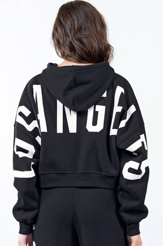 American Bazi Letter Graphic Long Sleeve Drawstring Cropped Hoodie Black