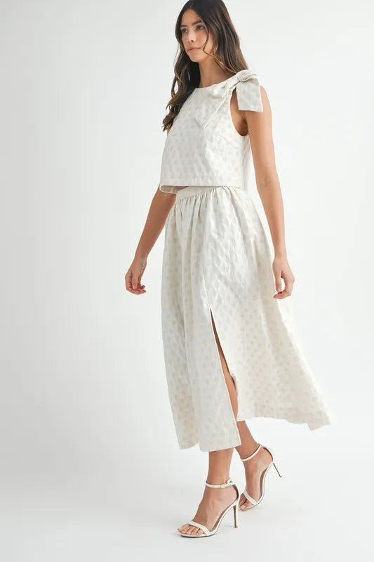 MABLE Taffeta Polka Dot Shoulder Ribbon Top and Skirt Set