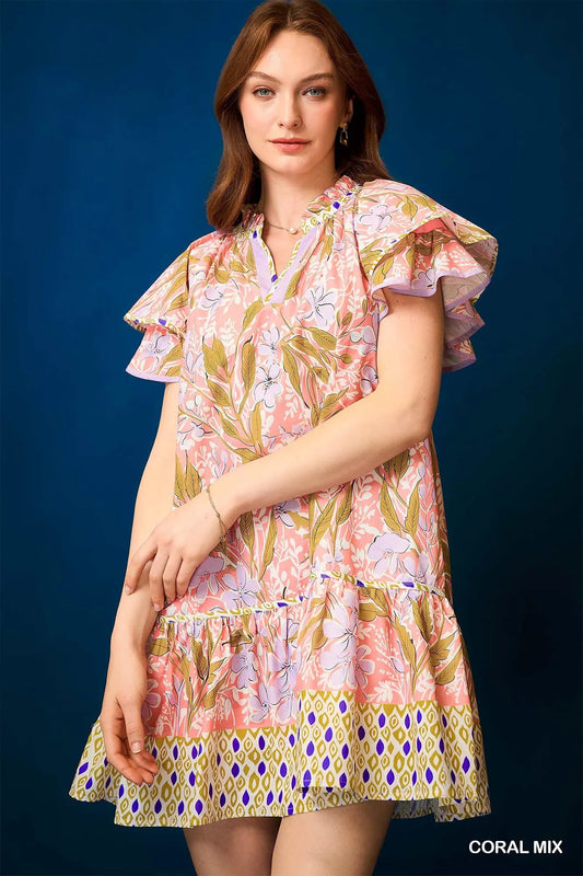 Umgee Floral Ruffle-Sleeve Tunic Dress CORAL MIX