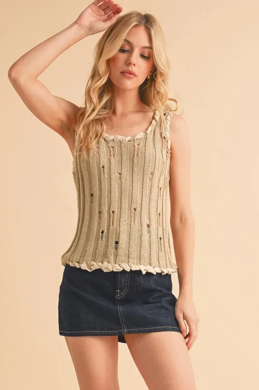 Aemi+Co Distressed Detail Round Neck Knit Tank KHAKI