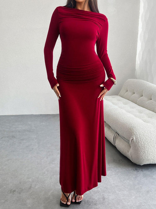 Ruched Long Sleeve Maxi Dress Scarlet