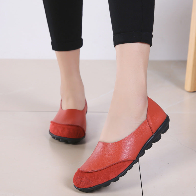 Women's Korean Casual Slip-On Loafers | Low Heel Round Toe Leather Shoes