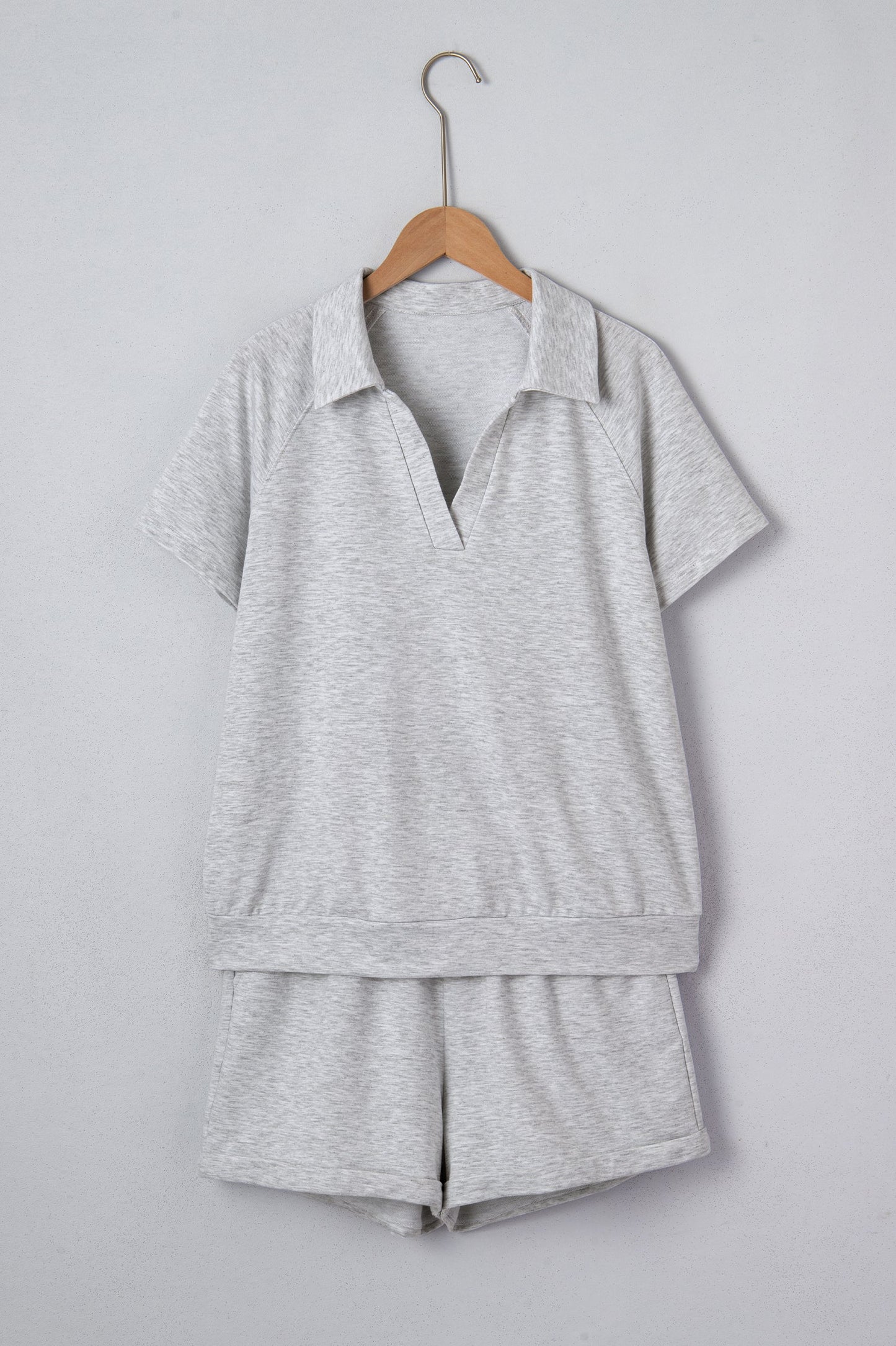 Solid Collared V-Neck Tee & Drawstring Shorts Set