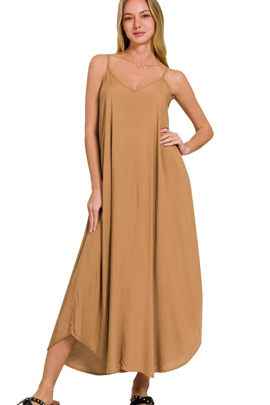 Zenana Woven Arc Hem Cami Dress With Flowy Pockets DEEP CAMEL