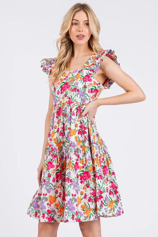 Mittoshop Flower Print Ruffle Shoulder A-line Mini Dress IVORY MULTI