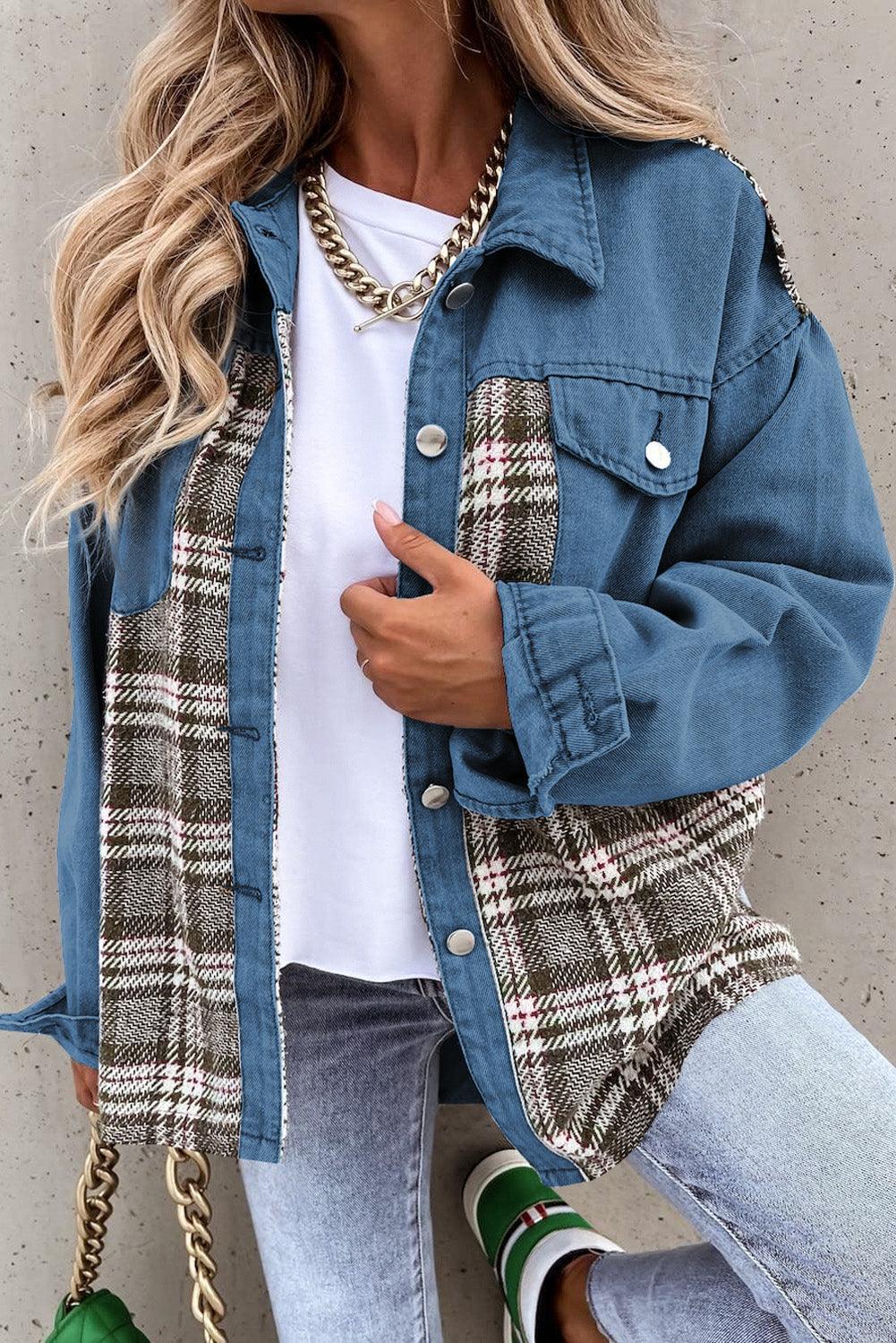 Plaid Pocketed Button Up Denim Jacket Deep Teal