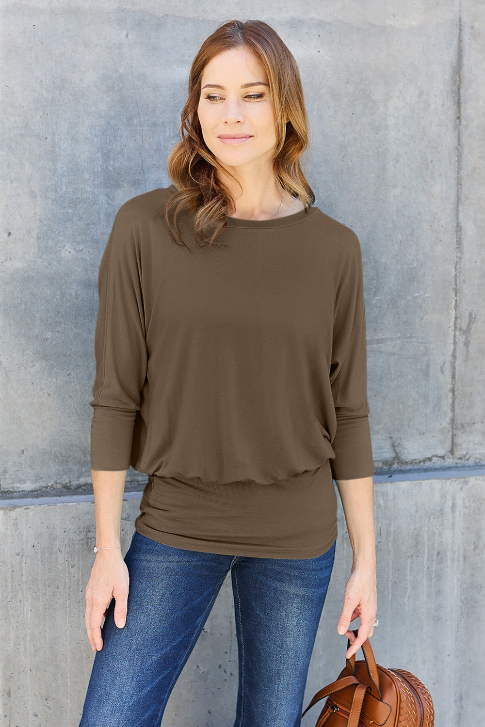 Basic Bae Full Size Round Neck Batwing Sleeve Top Brown