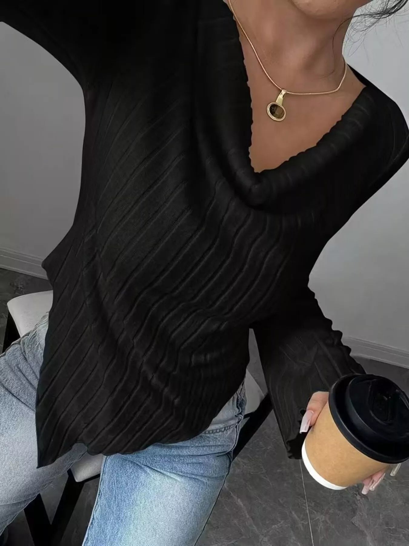 Cowl Neck Ribbed Knit T-Shirt