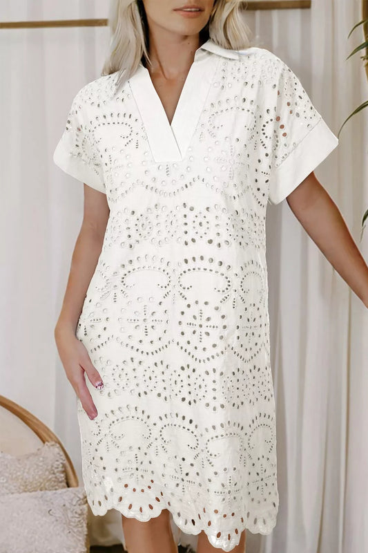 Solid Color Eyelet Embroidered T Shirt Mini Dress