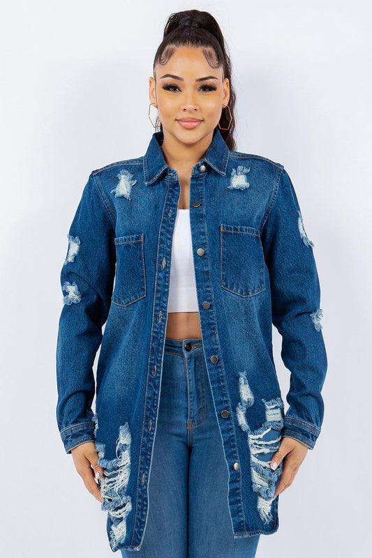 American Bazi Distressed Button Up Long Sleeve Denim Jacket Blue
