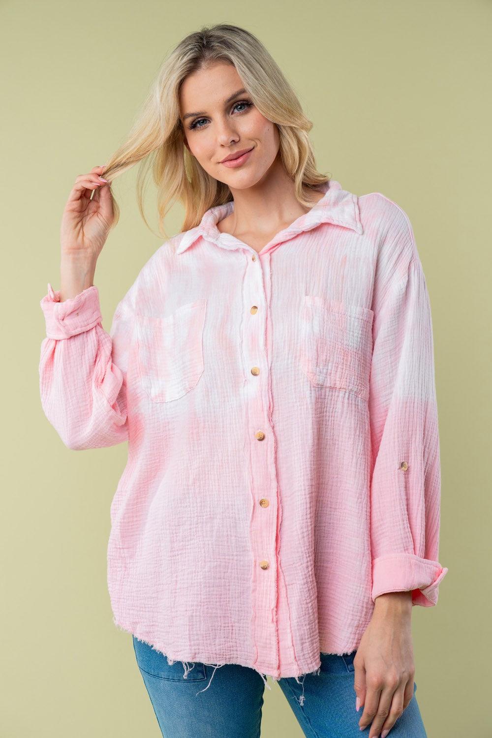 White Birch Full Size Long Sleeve Tie Dye Shirt Pink
