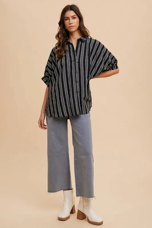 Annie Wear Oversized Drop Shoulder Striped Woven Shirt BLACK MULTI