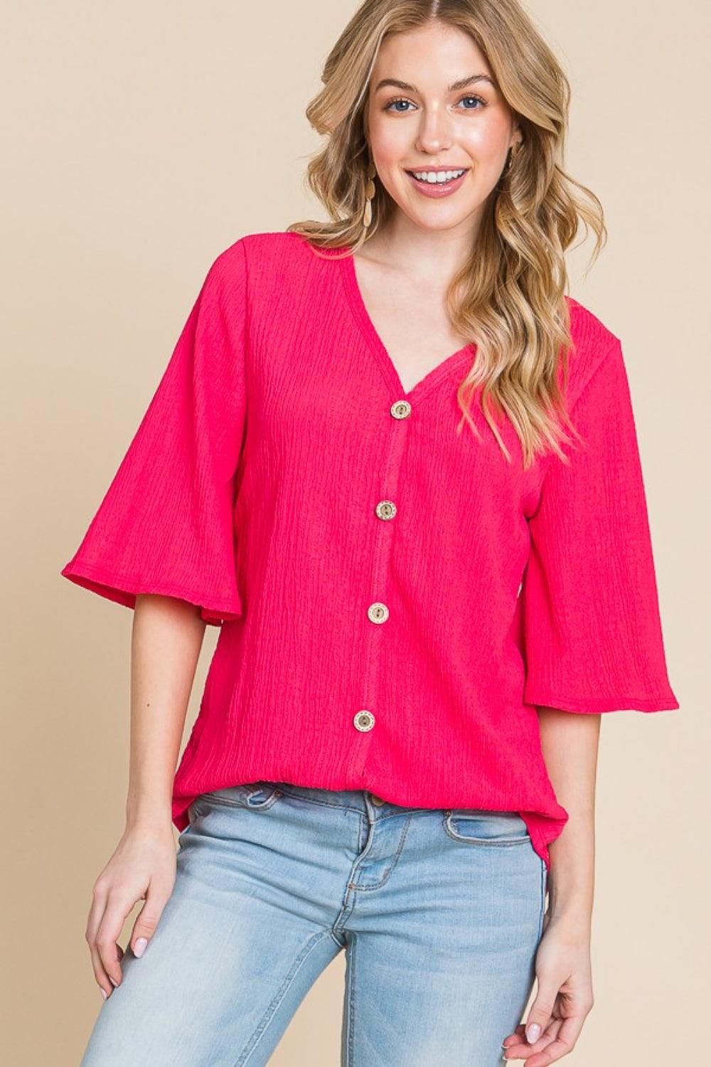 BOMBOM Texture Decorative Button V-Neck Top Fuchsia