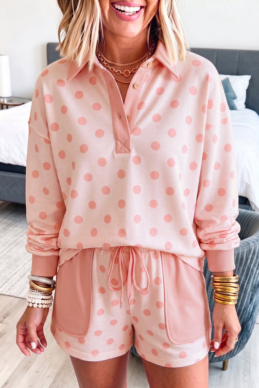 Polka Dot Polo Pullover & Elastic Waist Shorts Set
