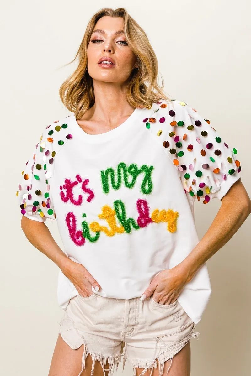 BiBi Metallic Letter Spangle Raglan Puff Sleeve Top