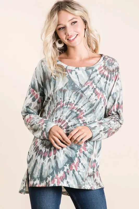 BiBi Tie Dye Terry Top with Contrast Stitching HUNTER GREEN