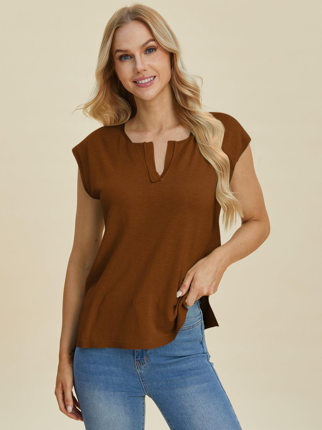 Double Take Full Size Notched Cap Sleeve Knit Top Caramel