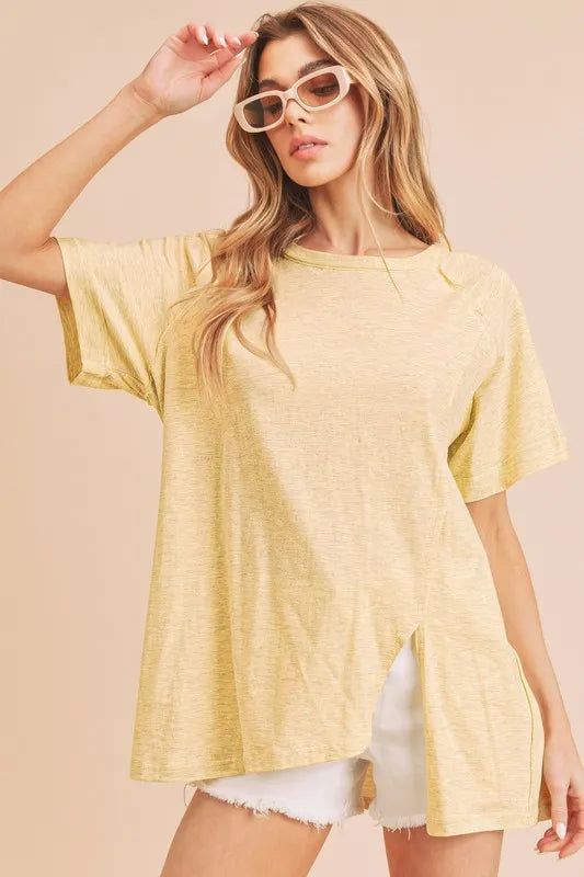 Aemi + Co Asymmetrical Front Slit Round Neck Raglan Sleeve T-Shirt Pastel Yellow